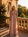 JAPONIA – długa cekinowa sukienka plus size w kolorze różowego złota. Elegancki fason, szyfonowe rękawki i rozmiary 42–48. Idealna na wesele i bal. pretty women kraków