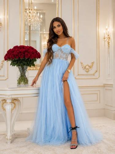 LYANNA długa błękitna sukienka gorsetowa z tiulem i brokatem