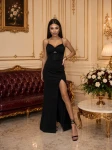 LUCKIN długa czarna sukienka gorsetowa z koralikami i rozcięciem