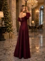 bordowa sukienka gorsetowa, długa bordowa sukienka, bordowa sukienka na wesele, bordowa sukienka z poświatą, sukienka z ozdobnymi rękawkami, sukienka ze sznurowanymi plecami, długa sukienka z rozcięciem, bordowa sukienka na studniówkę,