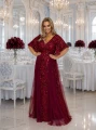 JAPONIA – długa bordowa sukienka plus size z cekinami. Zwiewne rękawy, dekolt V i elegancki fason. Idealna sukienka na wesele i bal. Kraków Tandeta king square