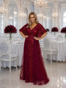 JAPONIA długa sukienka plus size bordowa z cekinami