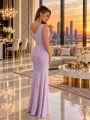 liliowa sukienka cekinowa, długa sukienka cekinowa, sukienka holo na wesele, liliowa sukienka na studniówkę, sukienka z koralikami na ramionach, cekinowa sukienka z rozcięciem, CAMELEON BIS Pretty Women