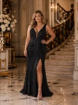 PUSIA Plus Size długa czarna sukienka cekinowa Premium